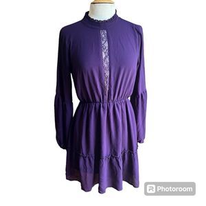 Purple Small Mock Neck Long Sleeve Tiered Keyhole Closure Lace Detail Mini Dress